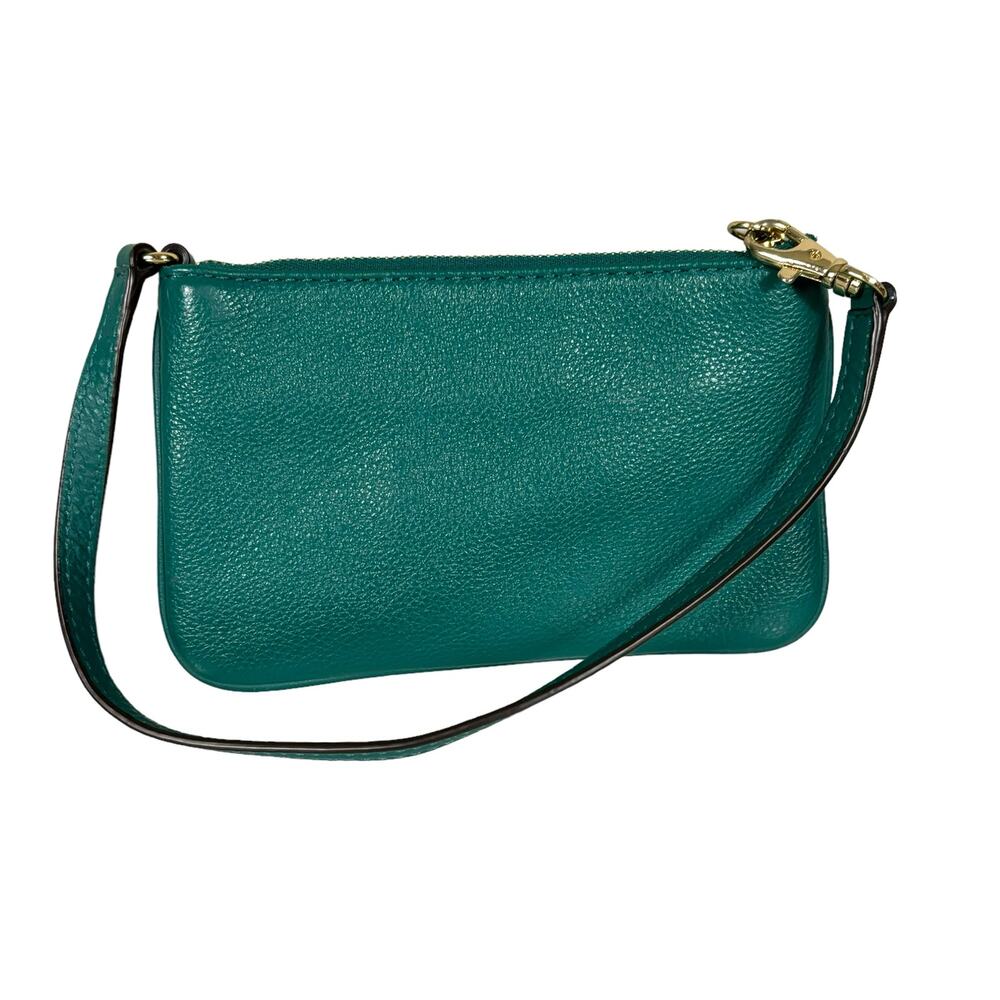Michael Kors Fulton Leather Wristlet Deep Sea Green Pebbled Leather MK Logo - Picture 3 of 10